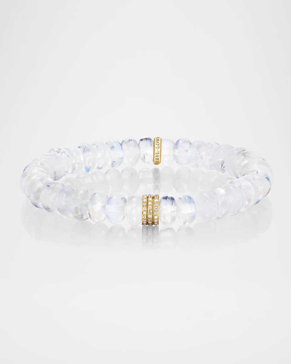 Rainbow Moonstone Bead Bracelet with 14K Yellow Gold Diamond Rondelles
